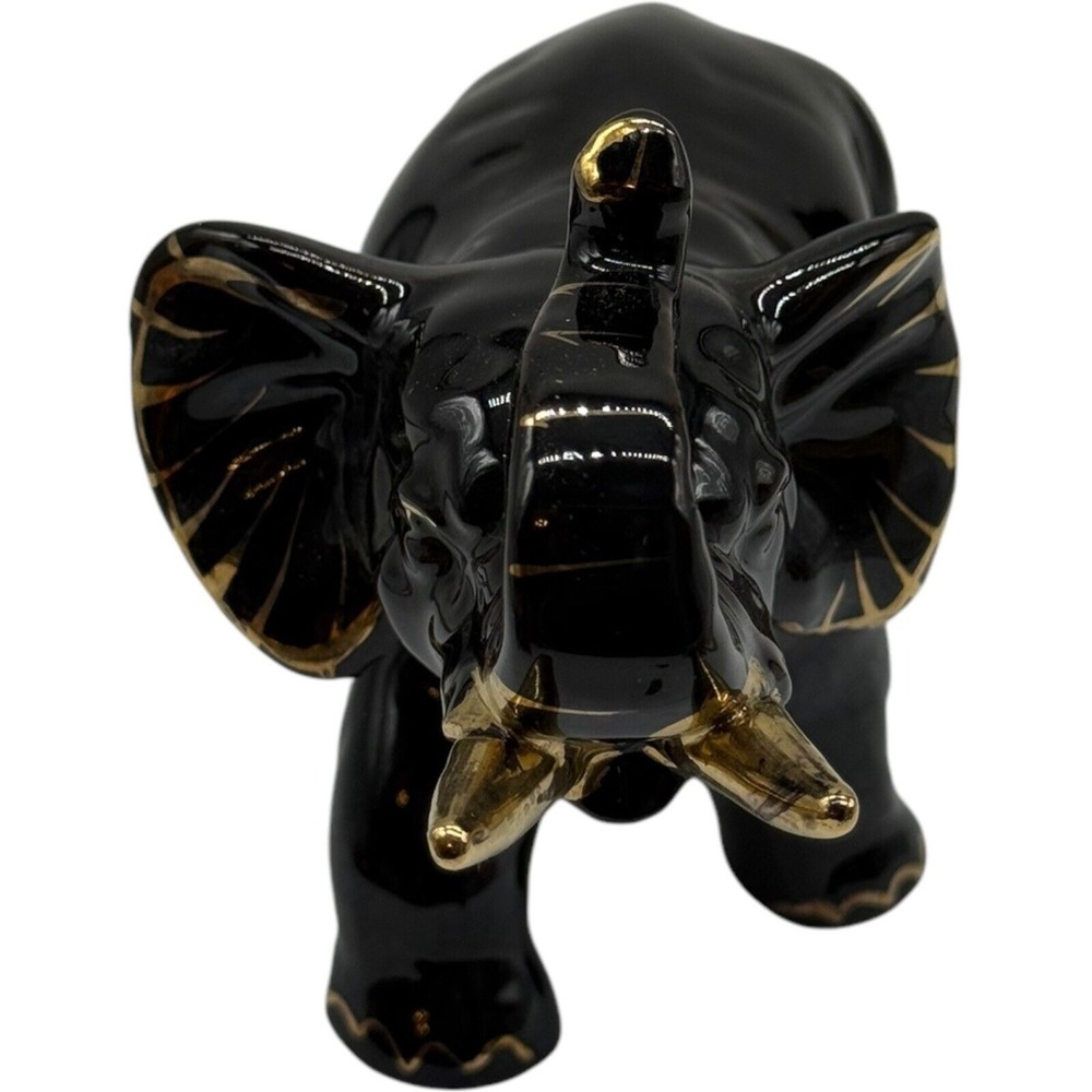 Black Elephant Figurine Gold Accents Ceramic Animal Statue Home Decor - Picture 2 of 9